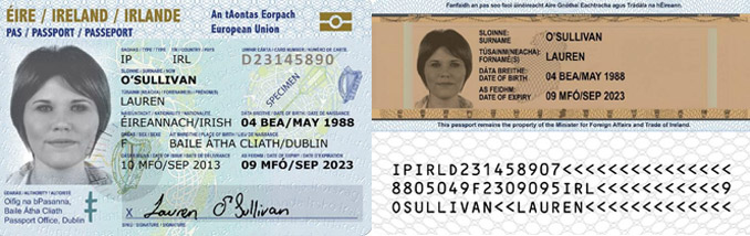 Sample Irish Passport card - Front and Back