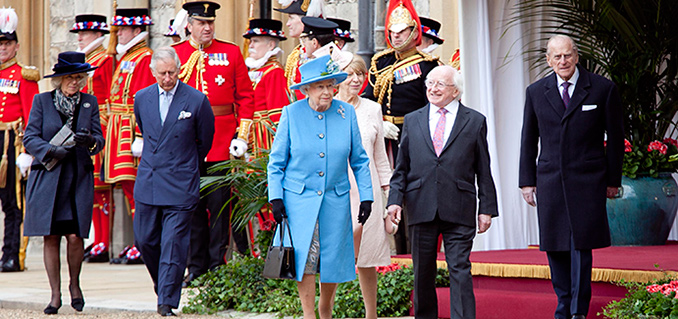 Pictured is President of Ireland Michael D Higgins and his wife Sabina with Her Majesty Queen Elizabeth II and  The Duke of Edinburgh at the 'Welcome Ceremony' in Windsor Castle on the first official day of the Presidents 5 day State Visit to the United Kingdom.