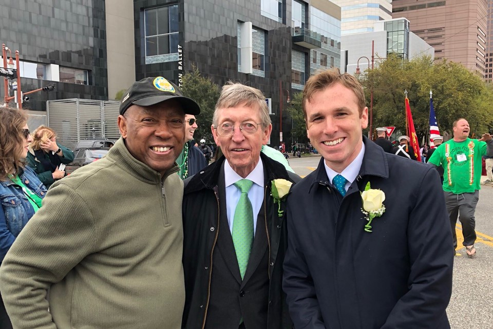 Mayor of Houston Sylvester Turner, Honorary Consul John Kane, and Vice Consul Paul Breen at the St Patrick's Day Parade in Houston, Texas on 16 March, 2019.